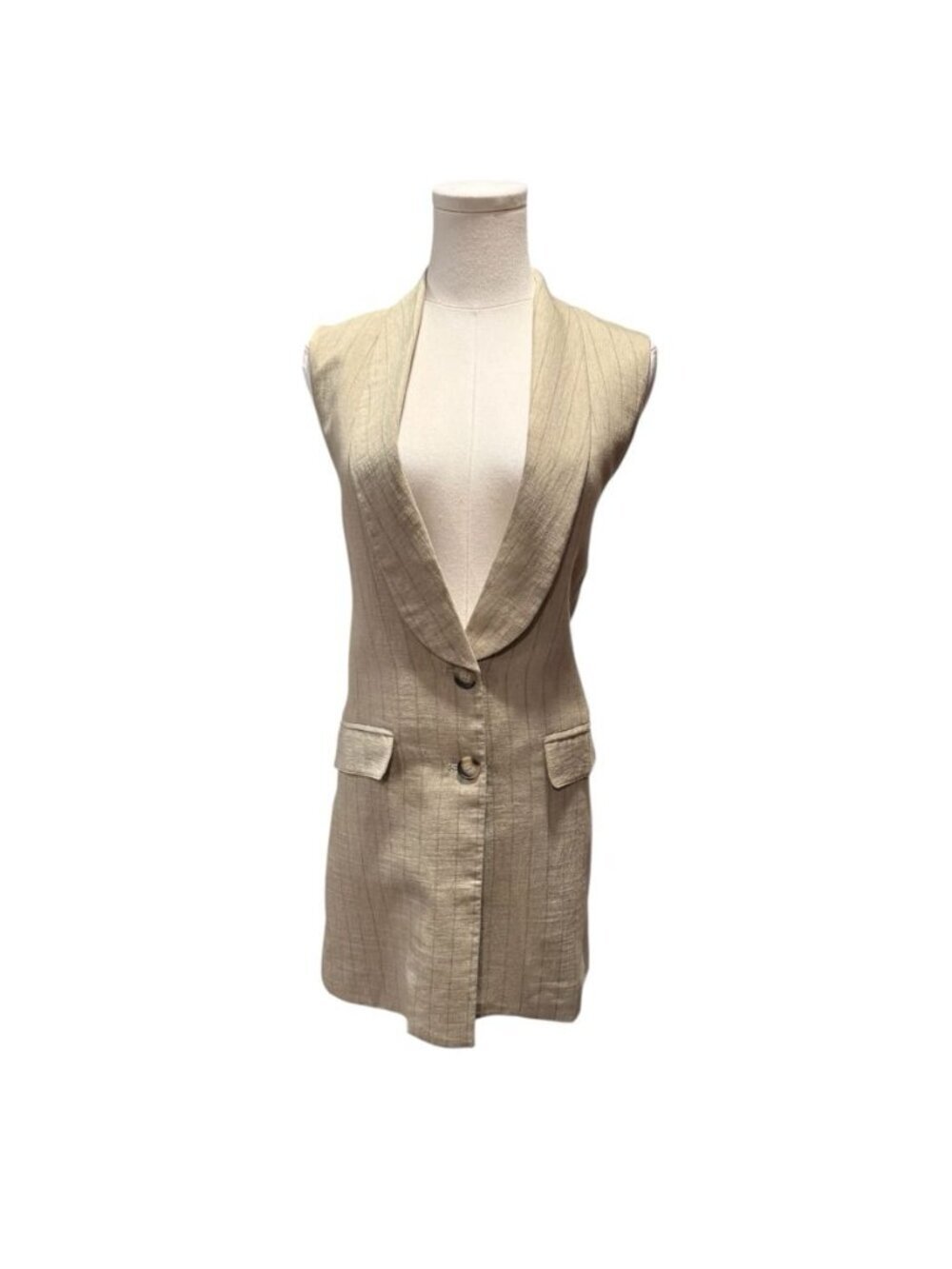 Current Air Sz S Khaki Linen Blend Pinstripe Long Womens Preppy Blazer Vest - Picture 3 of 10